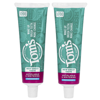Tom's of Maine, Pasta dental blanqueadora y antiplaca, Sin fluoruro, Menta, 2 unidades, 127 g (4,5 oz) cada una