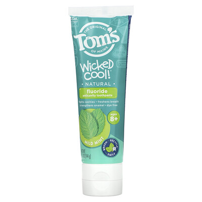Tom's of Maine, Wicked Cool!, Pasta dental anticaries con fluoruro natural, A partir de 8 años, Menta suave, 144 g (5,1 oz)