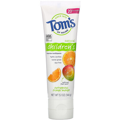 Купить Tom's of Maine Natural Children's Fluoride Toothpaste, Outrageous Orange Mango, 5.1 oz (144 g)