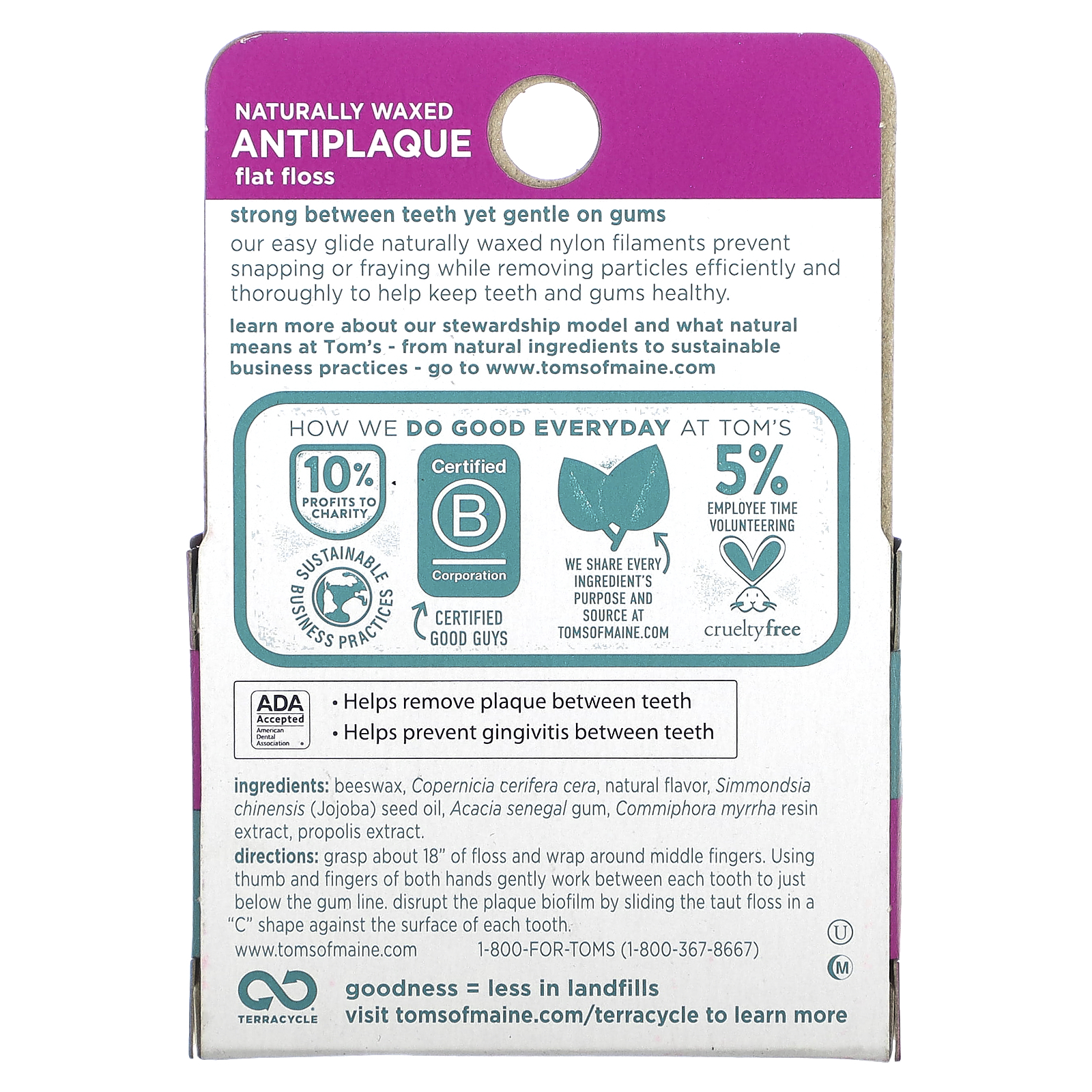 Tom's of Maine, Naturally Waxed Antiplaque Flat Floss, Spearmint, 32 yd