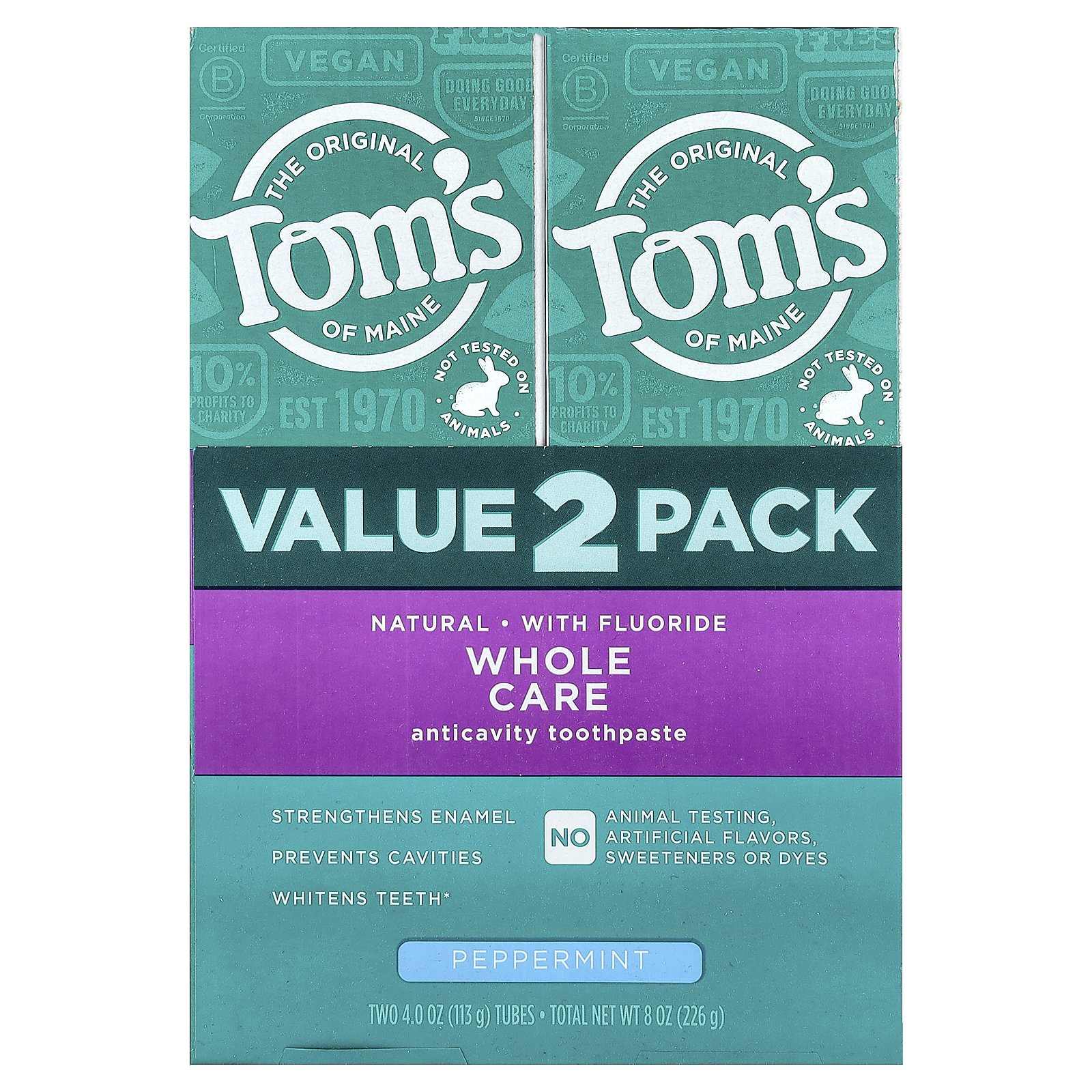Whole Care Anticavity Toothpaste, With Fluoride, Peppermint, 2 Pack, 4 oz (113