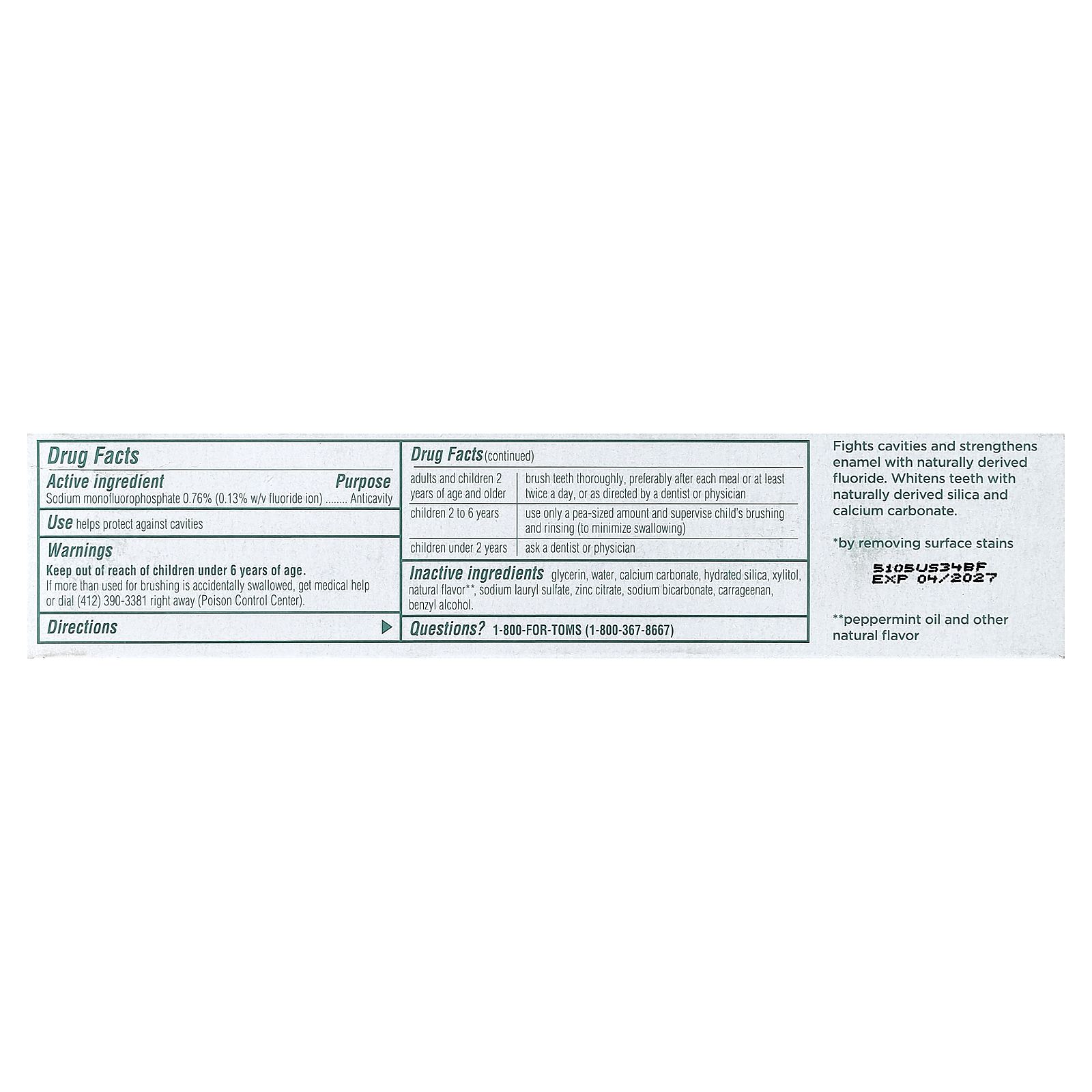 Whole Care Anticavity Toothpaste, With Fluoride, Peppermint, 2 Pack, 4 oz (113