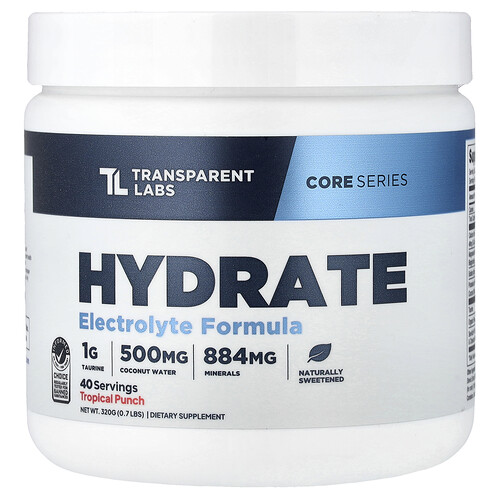 Transparent Labs, Core Series, Hydrate Electrolyte Formula, Hydrate-Elektrolyt-Formel, tropischer Punsch, 320 g (0,7 lbs.)
