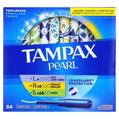 Tampax Жемчуг, тройная упаковка, легкий / обычный / супер, без запаха, 34 тампона