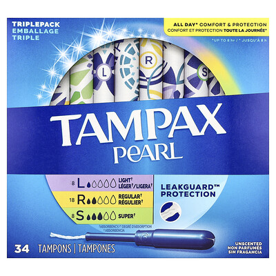 Tampax Pearl Tampons Triple Pack Light/Regular/Super Unscented 34 Tampons