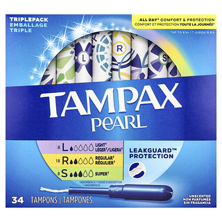 Tampax, Pearl 卫生棉条，三件套，轻/普通/大吸收量，无香型，34 支