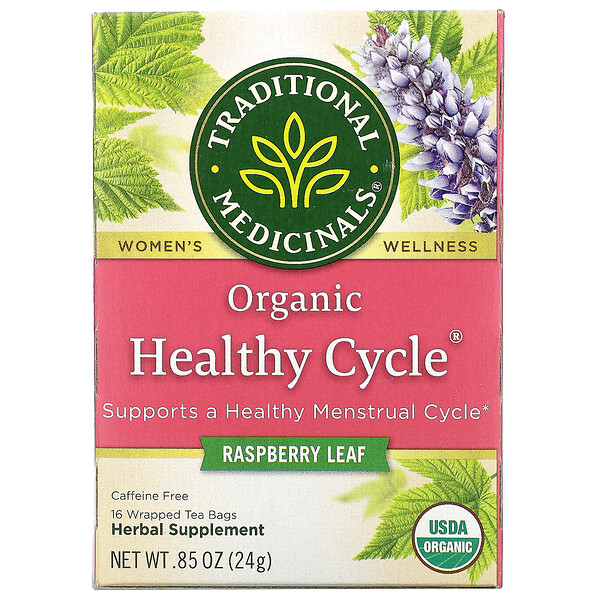 Traditional Medicinals‏, Organic Health Cycle, עלה פטל, נטול קפאין, 16 שקיקי תה עטופים, 24 גרם (0.85 אונקיות)