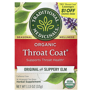 Traditional Medicinals, Throat Coat® orgánico, Original con olmo rojo, Sin cafeína, 16 bolsitas de té en envoltorios individuales, 32 g (1,13 oz)