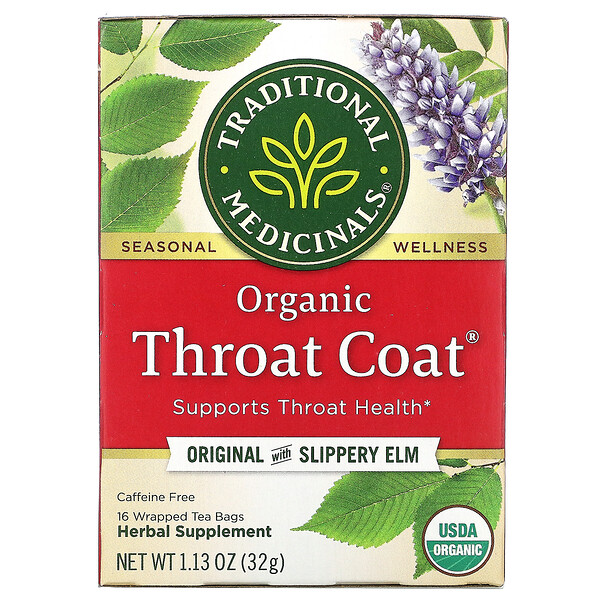 Organic Throat Coat, Original with Slippery Elm, Caffeine Free, 16 Wrapped Tea Bags, 1.13 oz (32 g)