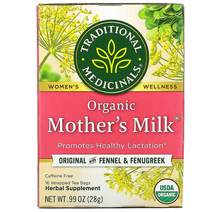 Отзывы о Традитионал Медисиналс, Organic Mother's Milk, Original with Fennel & Fenugreek, Caffeine Free, 16 Wrapped Tea Bags, .99 oz (28 g)