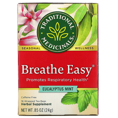

Traditional Medicinals Breathe Easy, эвкалипт и мята, без кофеина, 16 чайных пакетиков, 24 г (0,85 унции)