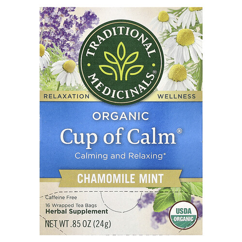 Traditional Medicinals Organic Cup of Calm, Chamomile Mint, Caffeine Free, 16 Wrapped Tea Bags, 0.85 oz (24 g)