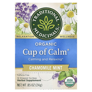 Traditional Medicinals, Taza de calma orgánica, Manzanilla y menta, Sin cafeína, 16 bolsitas de té en envoltorios individuales, 24 g (0,85 oz)