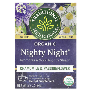 Traditional Medicinals, Organic Nighty Night®, rumianek i męczennica, bez kofeiny, 16 kopertowanych torebek herbaty, 24 g
