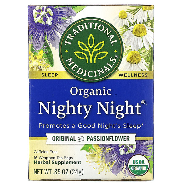 Traditional Medicinals, オーガニックNighty Night（ナイティーナイト）、パッションフラワー入りオリジナル、カフェインフリー、個包装ティーバッグ16袋、24g（0.85オンス）