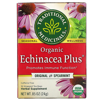Traditional Medicinals Organic Echinacea Plus оригинальный вкус с мятой без кофеина 16 чайных пакетиков в упаковке 24 г (0 85 унции)