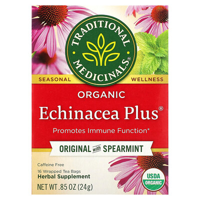 Traditional Medicinals Organic Echinacea Plus оригинальный вкус с мятой без кофеина 16 чайных пакетиков в упаковке 24 г (0 85 унции)