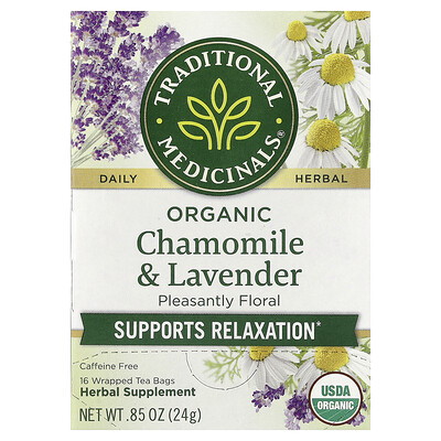 Traditional Medicinals, Organic Chamomile & Lavender, Caffeine Free, 16 Wrapped Tea Bags, 0.85 oz (24 g)