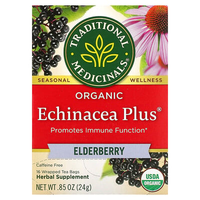 Traditional Medicinals Organic Echinacea Plus, бузина, без кофеина, 16чайных пакетиков в упаковке, 24г (0,85унции)