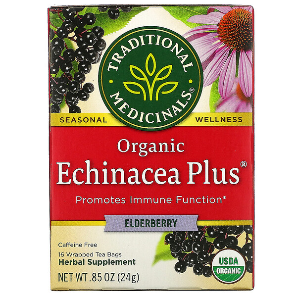 Traditional Medicinals‏, אכינצאה אורגנית וסמבוק, נטול קפאין, 16 שקיקי תה עטופים, 24 גרם (0.85 אונקיות)