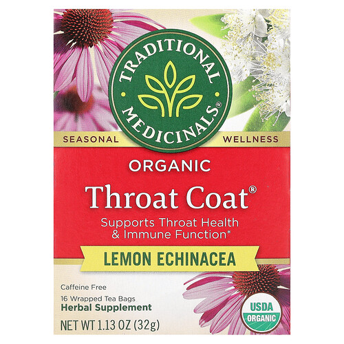 Traditional Medicinals, Organic Throat Coat®, Lemon Echinacea, Zitronen-Echinacea, koffeinfrei, 16 einzeln verpackte Teebeutel, 32 g (1,13 oz.)
