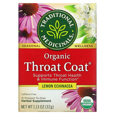 Купить Traditional Medicinals Organic Throat Coat, лимонная эхинацея, без кофеина, 16 чайных пакетиков в упаковке, 32 г (1, 13 унции)