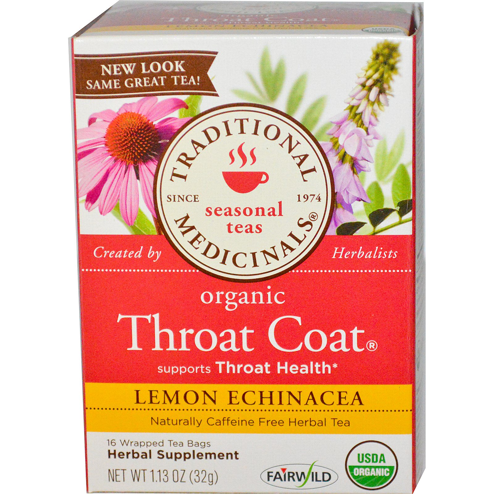 Traditional Medicinals Seasonal Teas Organic Throat Coat Naturally Caffeine Free Lemon Echinacea 16 Wrapped Tea Bags 1 13 Oz 32 G Iherb