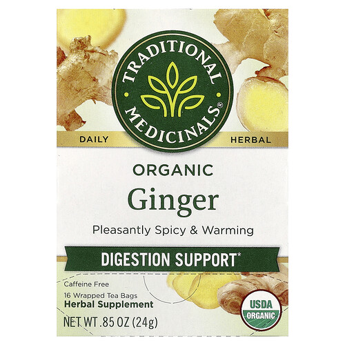 Traditional Medicinals Organic Ginger, Caffeine Free, 16 Wrapped Tea Bags, 0.85 oz (24 g)