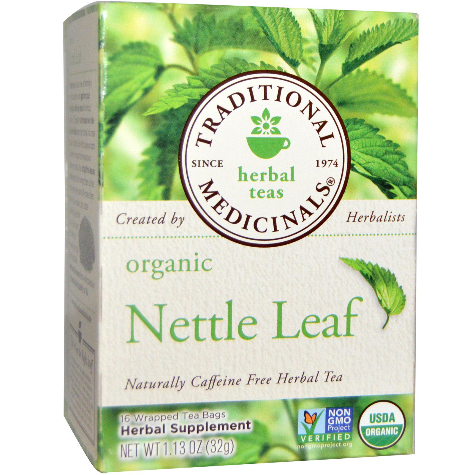 Traditional Medicinals, Органический травяной чай из листьев крапивы, без кофеина, 16 чайных пакетиков в индивидуальной упаковке, 1,13 унции (32 г)