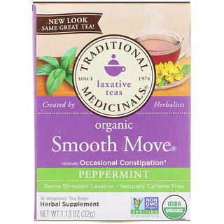 Traditional Medicinals, Органический мятный чай Smooth Move Peppermint, без кофеина, 16 пакетиков, 1.13 унц. (32 г)