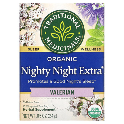 

Traditional Medicinals Nighty Night Extra, чай из органической валерианы, 16 отдельно упакованных чайных пакетиков, 24 г (85 унций)