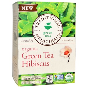 Traditional Medicinals, Органический зеленый чай с гибискусом, 16 пакетиков, 0.99 унций (28 г)