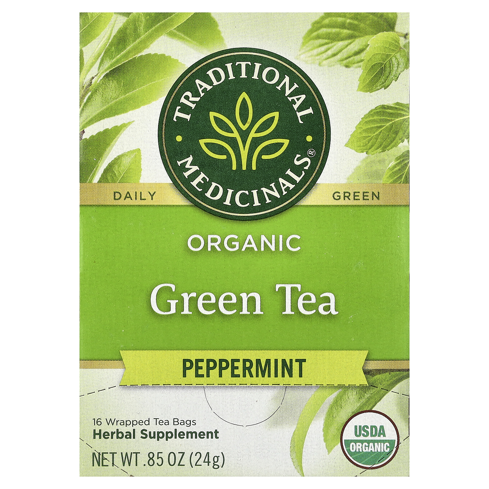 Organic Green Tea, Peppermint, 16 Wrapped Tea Bags, 0.85 oz (24 g)