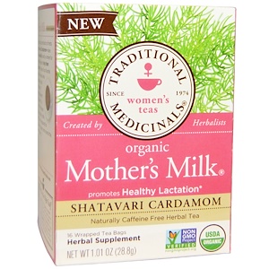 Traditional Medicinals, Organic Mother's Milk, Shatavari Cardamom, без кофеина, 16 упакованных пакетиков, каждый по .06 унц. (1.8 г)