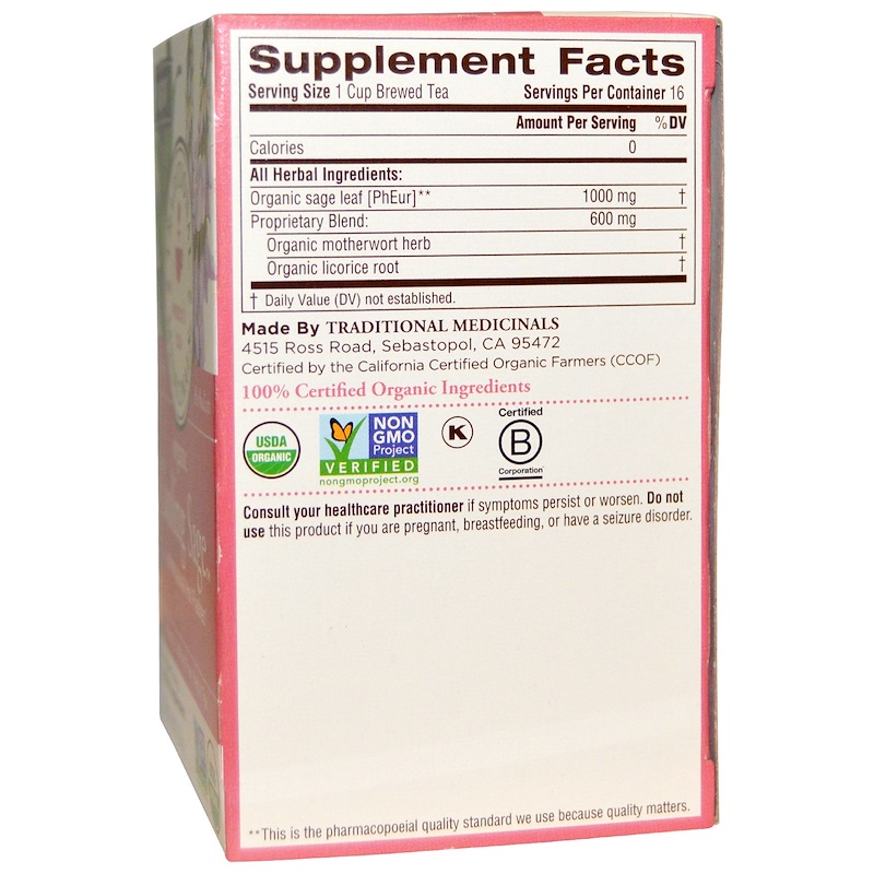 Traditional Medicinals, Organic Cooling Sage Tea, Caffeine Free, 16