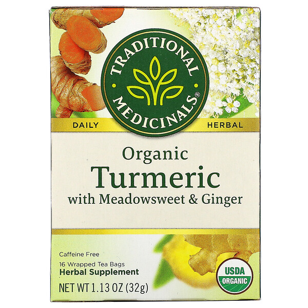 Traditional Medicinals‏, כורכום אורגני עם פיליפנדולה וג'ינג'ר, נטול קפאין, 16 שקיקי תה עטופים, 32 גרם (1.13 אונקיות)