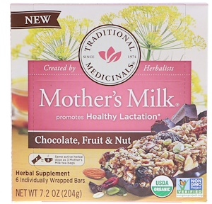 Отзывы о Традитионал Медисиналс, Mother's Milk, Chocolate, Fruit, & Nut, 6 Individually Wrapped Bars, 7.2 oz (204 g)