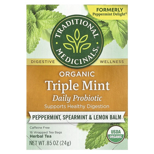 Traditional Medicinals Organic Herbal Tea, Triple Mint Daily Probiotic, Peppermint, Spearmint & Lemon Balm, Caffeine Free, 16 Wrapped Tea Bags, 0.85 oz (24 g)