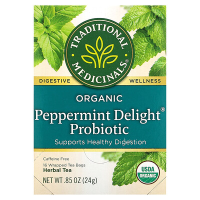 

Traditional Medicinals Organic Peppermint Delight Probiotic Caffeine Free 16 Wrapped Tea Bags 0.05 oz (1.5 g) Each