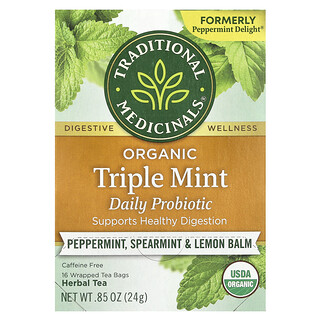 Traditional Medicinals, Chá de Ervas Orgânicas, Probiótico Diário de Menta Tripla, Hortelã-Pimenta, Hortelã e Erva-Cidreira, Sem Cafeína, 16 Saquinhos de Chá Embalados, 24 g (0,85 oz)