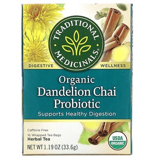 Traditional Medicinals, Organic Dandelion Chai Probiotic, Caffeine Free, 16 Wrapped Tea Bags, 1.19 oz (33.6 g)