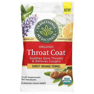 Traditional Medicinals, Pastilhas para Throat Coat® Orgânicos, Laranja Doce e Erva-doce, 16 Pastilhas para Tosse com Mentol