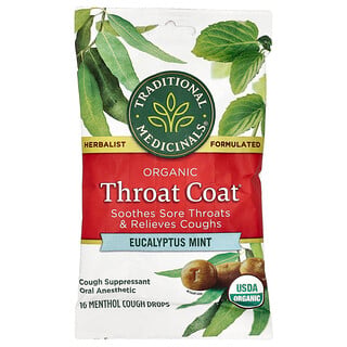 Traditional Medicinals, Βιολογικές σταγόνες Throat Coat®, μέντα ευκαλύπτου, 16 σταγόνες μενθόλης για τον βήχα