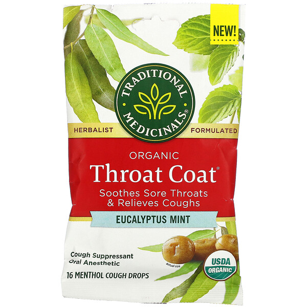 Traditional Medicinals, Organic Throat Coat Drops, Eucalyptus Mint, 16