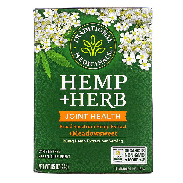 Hemp+ Herb, Joint Health, + Meadowsweet, Caffeine Free, 16 Wrapped Tea Bags, .85 oz (24 g)