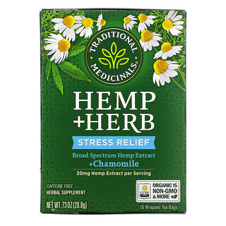 Traditional Medicinals, Hemp+ Herb, Stress Relief, + Chamomile, Caffeine Free, 16 Wrapped Tea Bags, .73 oz (20.8 g)