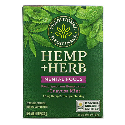 

Traditional Medicinals, Hemp+ Herb, Mental Focus, +Guayusa Mint, 16 Wrapped Tea Bags, .99 oz (28 g)