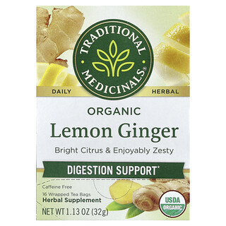 Traditional Medicinals, Citron et gingembre biologiques, Sans caféine, 16 sachets de thé emballés, 32 g