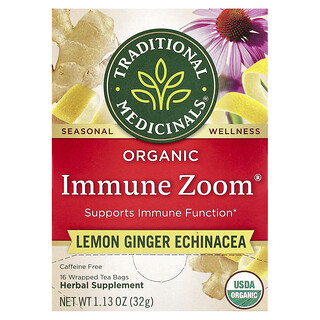 Traditional Medicinals, Organic Immune Zoom®, Echinacea limone e zenzero, senza caffeina, 16 bustine di tè confezionate, 32 g