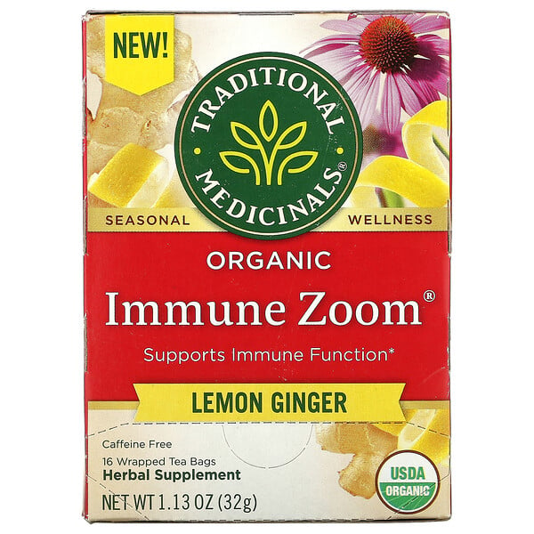 Organic Immune Zoom, Lemon Ginger, Caffeine Free, 16  Wrapped Tea Bags, 1.13 oz (32 g)